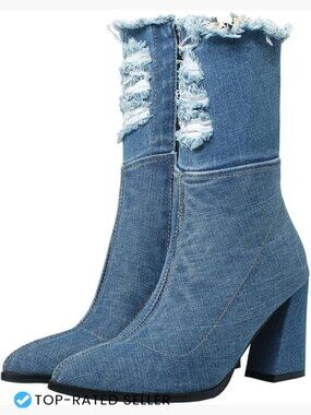 Pointed Toe Chunky High Heel Denim Ankle Booties with Side Zipper